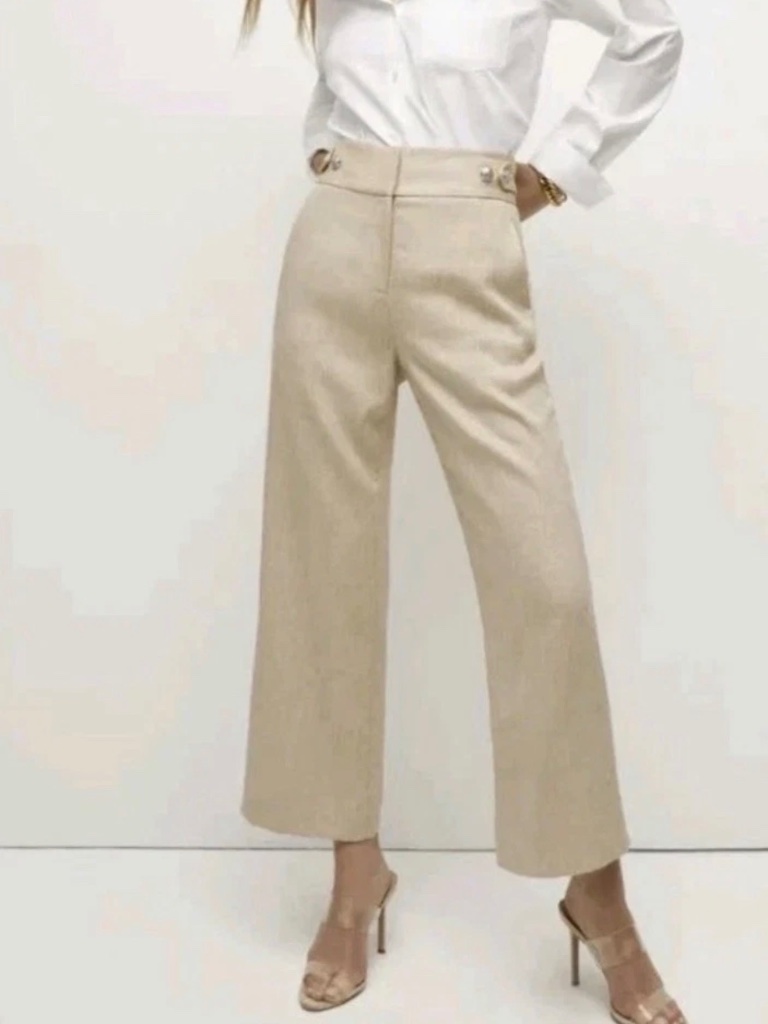 Veronica Beard Aubrie Linen High Rise Pants Khaki 6 Straight Leg Cropped Chic
